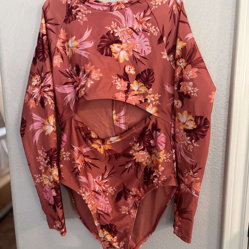 Girls' Island Floral One Piece Rash Guard - Art Class™ Brown L 10-12